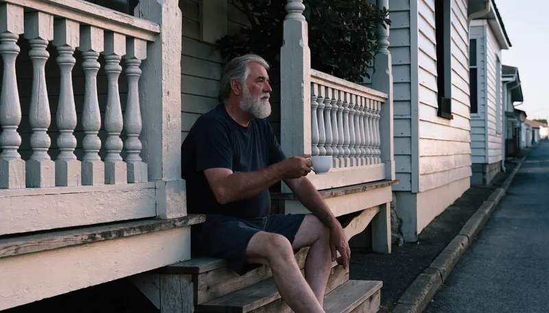A man with a cup of tea on the front steps of a Queenslander